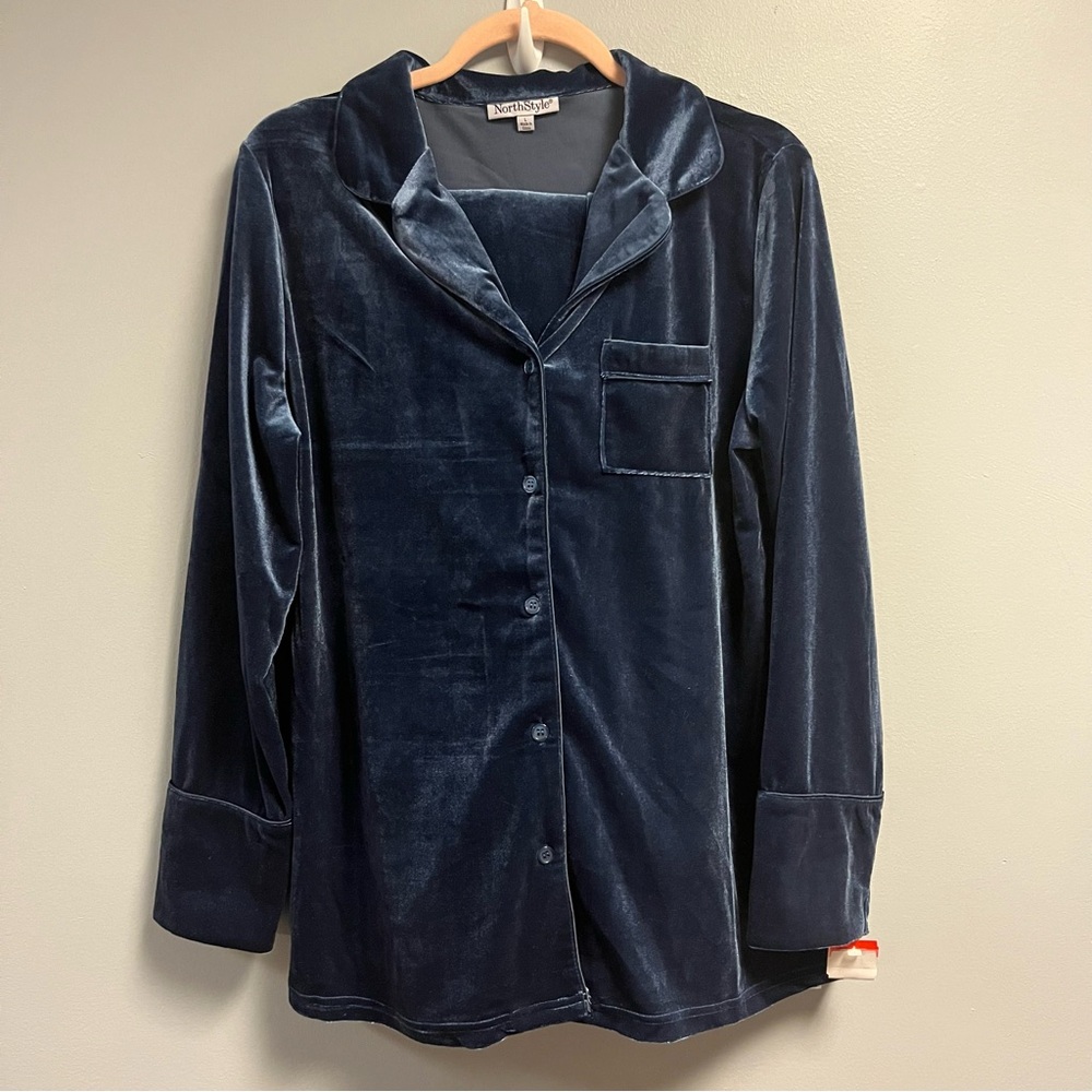 NorthStyle Pajama Set Navy Blue Velour Button-Front Top & Pull-On Pants Sz L NWT